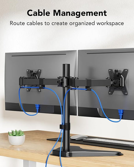 HUANUO 32 inches Dual Monitor Stand up to 17.6lbs per Arm, High-Grade Aluminum Free Standing Dual Monitors Mount for 2 Screens. Fully Adjustable Dual Monitor Stand for Desk with Tilt, Swivel, Rotation