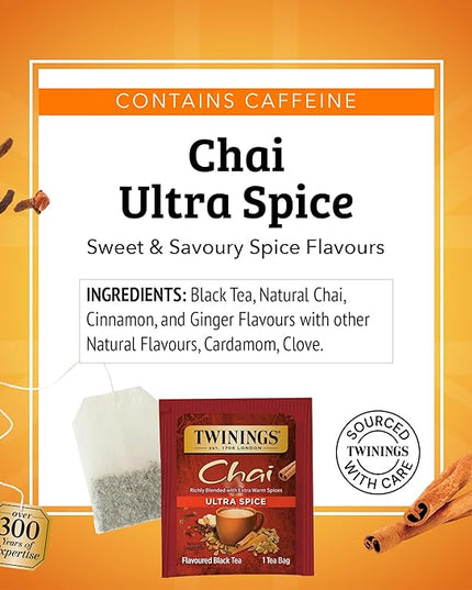 Twinings Ultra Spice Chai Individually Wrapped Bags, 20 Count (Pack of 6), Sweet, Savoury Spices, Caffeinated, Enjoy Hot or Iced, 120 Teabags