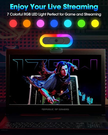 ToLuLu Streaming Webcam 2K 50FPS Web Cam, LED RGB Webcam with Microphone and Light, Autofocus Computer Camera with Cover and Tripod, Plug-Play USB Web cam for PC Desktop/MacBook Gaming Video Calling