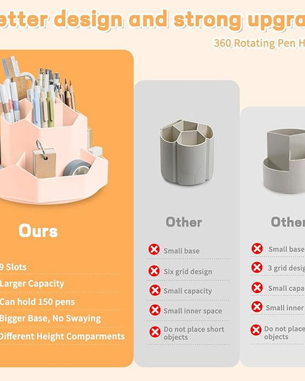 Pencil Pen Holder for Desk,9 Slots 360 Degree Rotating Desk Organizers,Desktop Storage Stationery Supplies Organizer, Cute Pencil Cup Pot For Office, School, Home(Pink)