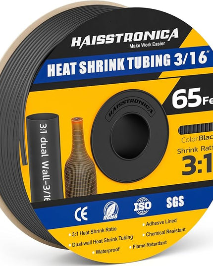 haisstronica 3:1 Heat Shrink Tubing, Shrink Ratio Adhesive Lined Marine Grade Heat Shrink Tube for Home, Automotive and Industrial (Black) 65FT 3/16inch
