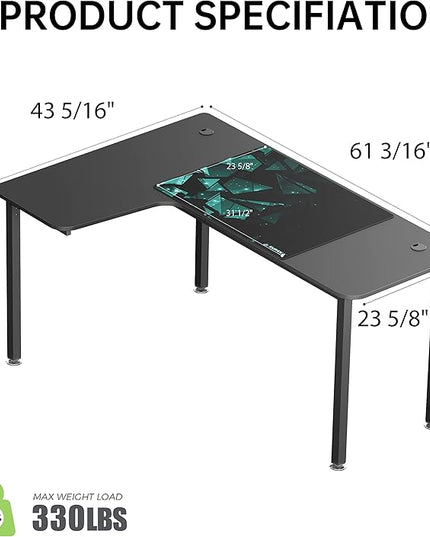 EUREKA ERGONOMIC 60 Inch Black Corner L Shaped Computer Desk, Home Office Gaming Study Work Writing Table Long Large Sturdy Workstation Simple Modern with Metal Legs, Left Side