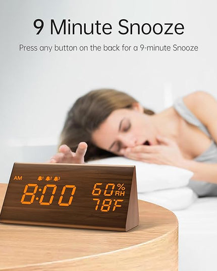 JALL Digital Alarm Clock, with Wooden Electronic LED Time Display, 3 Alarm Settings, Humidity & Temperature Detect, Wood Made Electric Clocks for Bedroom, Bedside (Brown)
