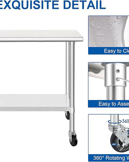 HARDURA Stainless Steel Commercial Table Prep & Work Table with Casters Heavy Duty Metal Table with Wheels NSF 430 14×30 Inches