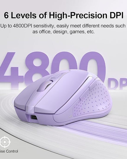 TECKNET Wireless Mouse (BT5.0/3.0 & 2.4G) Rechargeable 4800 DPI Silent USB A & Bluetooth Mouse 6 Buttons, Wide Compatibility - Lavender