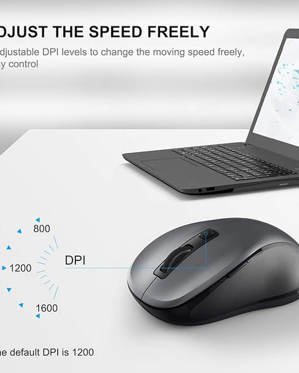 WisFox 2.4G Wireless Mouse for Laptop, Ergonomic Computer Mouse with USB Receiver and Type-C Adapter, 3 Adjustable Levels, 6 Button Cordless Mice for Windows Mac PC Notebook (Grey and Black)