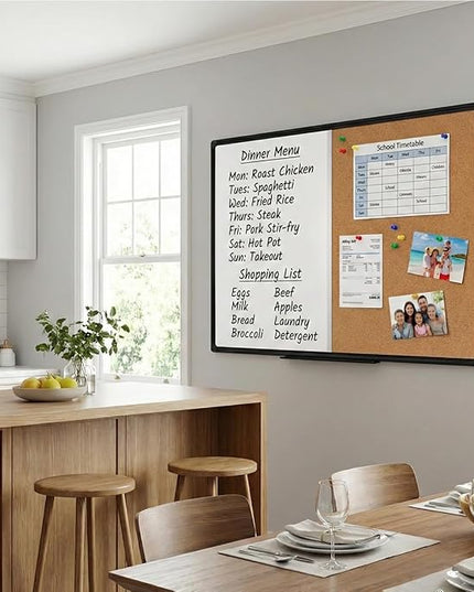 Magnetic Combination Whiteboard Cork Board 48 x 36 Inch, Black Aluminum Frame - Large Wall Mounted Vision Board & Planner for Home Office, Kitchen Command Center & Classroom Organization