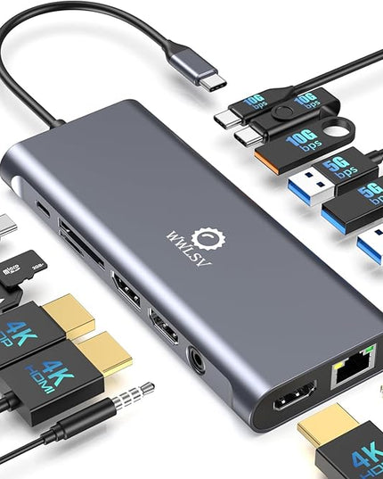 Docking Station 3 Monitors for HP/MacBook/Dell/Lenovo/Surface, USB C Docking Station with Dual 4K@60Hz HDMI & 4K DP, 14-in-1 USB C Hub with 100W PD, USB-A/C 3.1, 1Gbps Ethernet, SD/TF, 3.5mm Audio/Mic