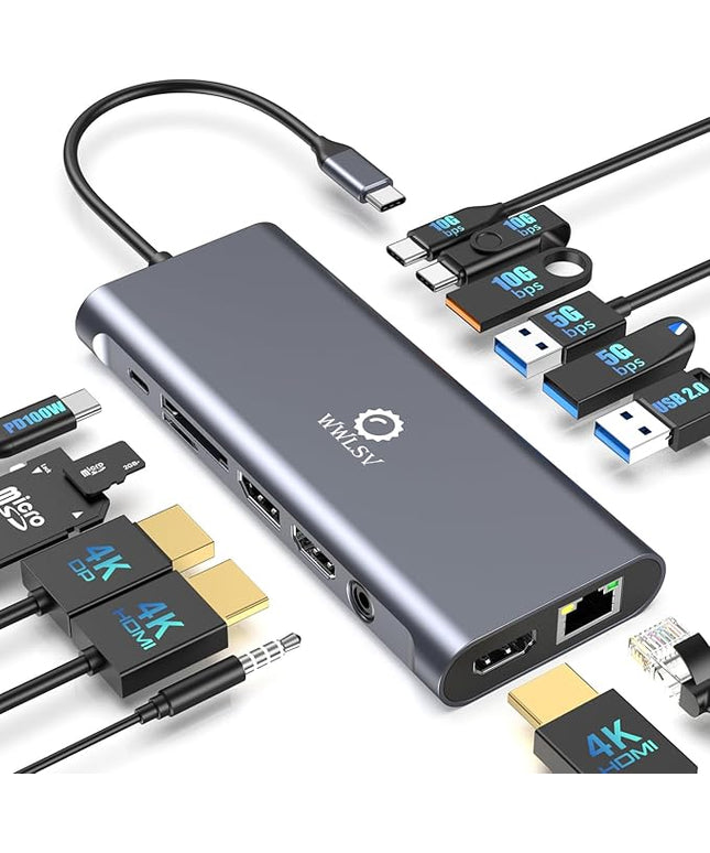 Docking Station 3 Monitors for HP/MacBook/Dell/Lenovo/Surface, USB C Docking Station with Dual 4K@60Hz HDMI & 4K DP, 14-in-1 USB C Hub with 100W PD, USB-A/C 3.1, 1Gbps Ethernet, SD/TF, 3.5mm Audio/Mic