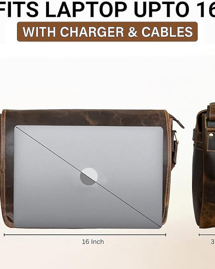 Leather Messenger Bag for Men 16" Full Grain Leather Laptop Bag Vintage Crossbody Office Satchel Travel Shoulder Bag