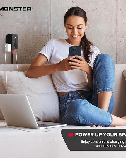 Monster Power Shield: Magnetic Wall Outlet Extender, Multiple Plug Outlet with 2 AC Outlets, 3 USB-A Ports, & 1 USB-C Port (20W)