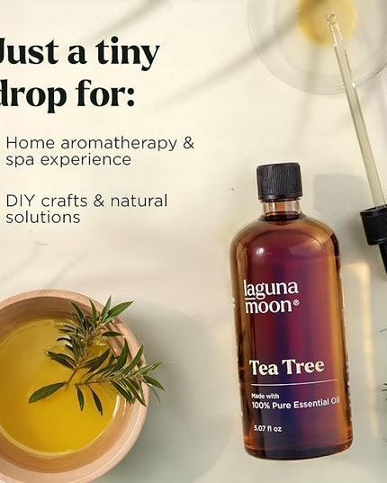 Lagunamoon Australian Tea Tree Essential Oil (150ml) - XXL Bottle with Drops for Candle Making Scents and Cleaning Products - Fragrance Oil for Aromatherapy, Relaxation, Diffusers, Yoga, Home Care
