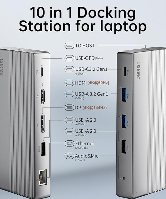 Dual Monitor Docking Station 4K@60Hz, USB C Laptop Docking Station with HDMI 4K, DP(4K@144Hz), 87W PD, Ethernet, 4USB/3.5Audio,usbc hub for HP/Dell/Lenovo Laptops