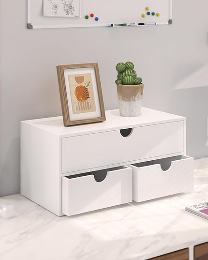 Bamboo Desk Organizer with Drawers Desktop Storage Drawers for Bills Office Supplies Kitchen Utensils Organizing Tool for Home Classroom Organization No Assembly (White)