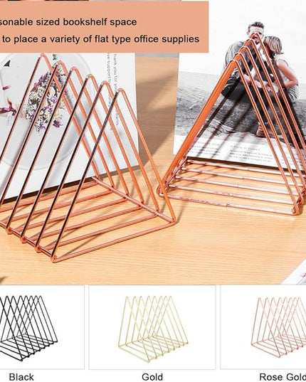 Urban Deco Triangle Desk Organizers Metal Wire Magazine Holder 7 Sections Decorative Vinyl Record Storage Office File Organizer For Desk - Rose Gold Magazine File Holder - 2 Pack