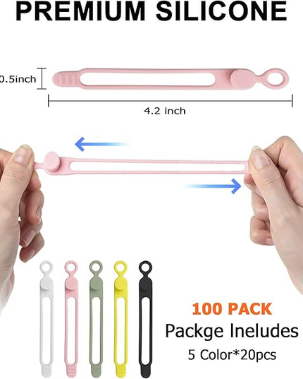 Nearockle 100Pcs Silicone Cable Ties Cord Organizer for Bundling Earphone, Phone Charger, Computer Cords, Reusable Cable Ties Wire Organizer in Home,Office,Kitchen,School (5 Colors)