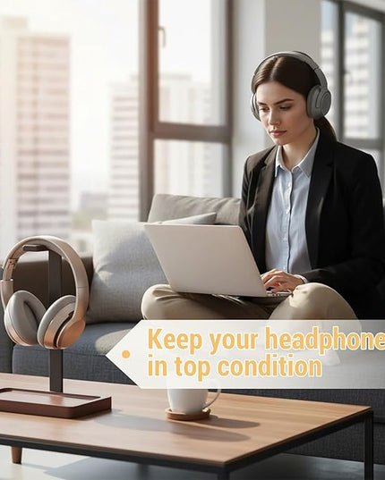 Fiwochic Walnut Wood Headset Holder, Desktop Headphone Stand, Universal Headphone Holder with Storage Base for Gaming, Music Headsets