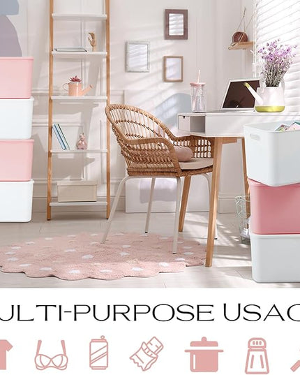 Hoolerry 8 Pieces Colorful Storage Bins with Lid, Plastic Storage Basket Organizing Container Stackable Box with Handle for Shelves Desktop Playroom Office(14.2 x 10.2 x 9.5 Inch,White and Pink)