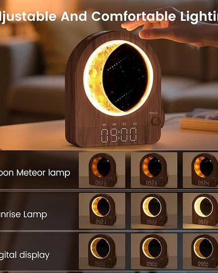 Sunrise Alarm Clock, White Noise Machine & Meteor Moonlight - 10 Soothing Sounds, Dual Alarms, 30/60/90min Timer, Easy Snooze - Bedroom Gift for Insomnia Adults/Women - Walnut