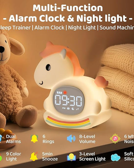 Alarm Clock with Night Light for Kids with Sleep Training and Sound Machine, Rechargeable Silicone Lamp OK to Wake Clock，Cute Animal Tabletop Lamp, Perfect Sleep Companion for Boys Girls,Pink Pony
