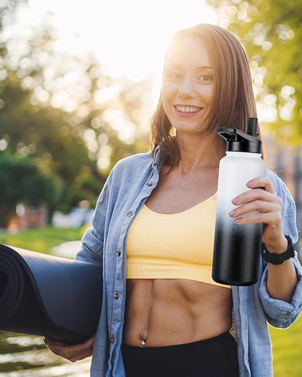 DOMICARE 40 oz Insulated Water Bottle, Vacuum Insulated Stainless Steel Sports Water Bottle with Straw Lid & Spout Lid, Leakproof, Reusable - Travel, Camping, Bike, Black White Gradient