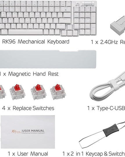 RK ROYAL KLUDGE RK96 90% Triple Mode BT5.0/2.4G/USB-C Hot Swappable Mechanical Keyboard with Magnetic Wrist Rest, 96 Keys Wireless Gaming Keyboard with Software, Blue Backlight