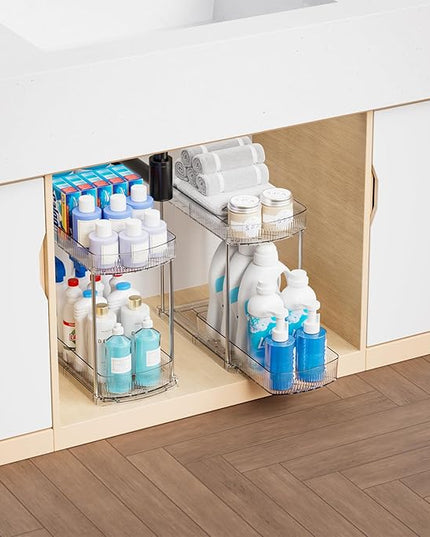 2 Pack Large Pull Out Bathroom Organizers and Storage,2 Tier 12.8″ Tall Sliding Kitchen Under Sink Organizer for Cleaning Products Storage,Acrylic Clear Bathroom inder Sink Organizer,Undersink Storage