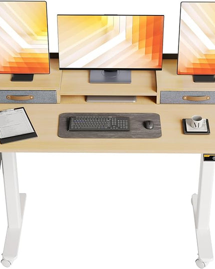 Claiks Standing Desk with Drawers, Stand Up Electric Standing Desk Adjustable Height, Sit Stand Desk with Storage Shelf and Splice Board, 55 Inch, Natural