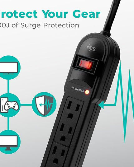 KMC 6-Outlet Surge Protector Power Strip 2-Pack, 900 Joules, 4-Foot Extension Cord, Overload Protection, Black