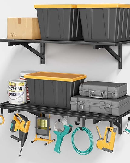 2-Pack 2x4ft Garage Shelving Wall Mounted, 2' x 4' Heavy Duty Garage Storage Shelves with Hooks, 400LB Capacity