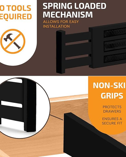 6 Pack Drawer Dividers 6 Inch High, 11”-17" Adjustable Bamboo Organizers Large Expandable Drawer Separators for Cloths, Dresser, Bedroom, Bathroom, Baby Drawer, Office & Kitchen Utensils (Black)