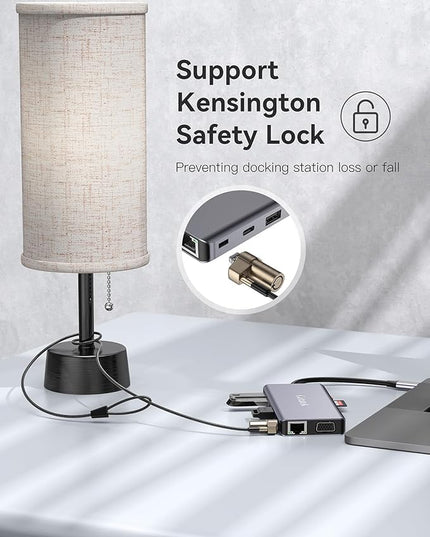 USB Docking Station 2 HDMI, USB 3.0 Hub to HDMI Adapter with 3 USBA 3.0 up to 5Gbps, USBC Data Port & 1 USB 2.0 Port, 100W PD& VGA, SD Card Reader, Multiport USB Dongle with Kensington Safety Lock