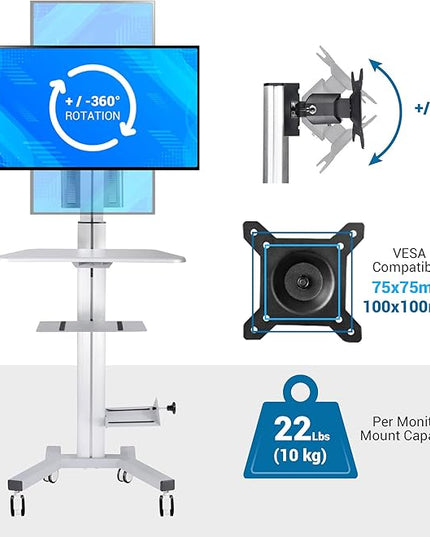 Yescom Mobile Computer Cart Rolling PC Stand Desk Workstation on Wheels with Monitor Mount Adjustable Keyboard Tray CPU Printer Holder for Hospital Clinic School Office Silver