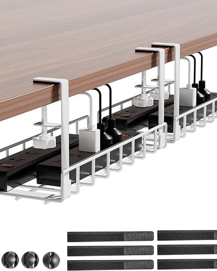Under Desk Cable Management Tray 2 Pack, Xpatee Upgraded Wire Management No Drill No Screws, Cable Tray with Clamp for Wire Organizers, Computer Cord Rack for Office, Home - No Damage to Desk White