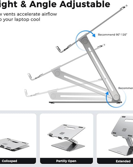 AboveTEK Laptop Stand, Adjustable Portable Computer Riser, Ergonomic Aluminum Notebook Desktop Holder for Desk, Compatible with MacBook Pro, Air, HP, Fits Up to 17 Inch Laptops, Silver