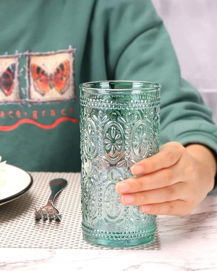 Green Drinking Glasses Set of 4, Vintage Drinking Glasses, Colored Glassware Drinking, Highball Beverage Glasses Cup, Vintage Glassware Set for Water, Juice, Cocktail, Coffee