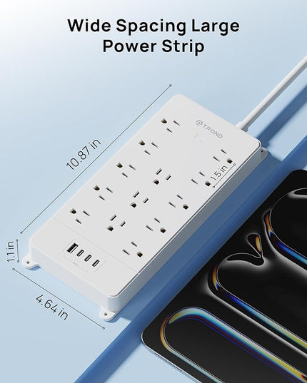 TROND 360° Rotating Flat Plug, Surge Protector Power Strip, 13AC Widely Spaced Outlets Expansion with 3 USB C Ports, 4000J, 5ft Extension Cord Heavy Duty, Wall Mount, Under Desk, ETL Listed, White