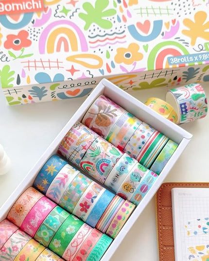 Bomichi 38 Rolls Washi Tape, Aesthetic Colored Decorative Cute Scrapbook Tape for Scrapbooking Supplies Journaling Craft Junk Journal