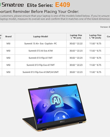 Smatree Laptop Sleeve for 13.3 inch MSI Summit 13 AI+Evo Copilot+PC/E13 AI Evo A1M,for 13.4 inch Summit E13 Flip Evo,Case with Pocket,YKK Zipper,Patented Shockproof Design(E409)