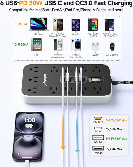 PD30W USB Extension Cord with Multiple Outlets- 5 FT USB Power Strip, 1625W AC Extension Cord with 11 AC Outlet 6 USB, Desk Charging Station for Home, Office, Dorm, Gaming Room Essentials