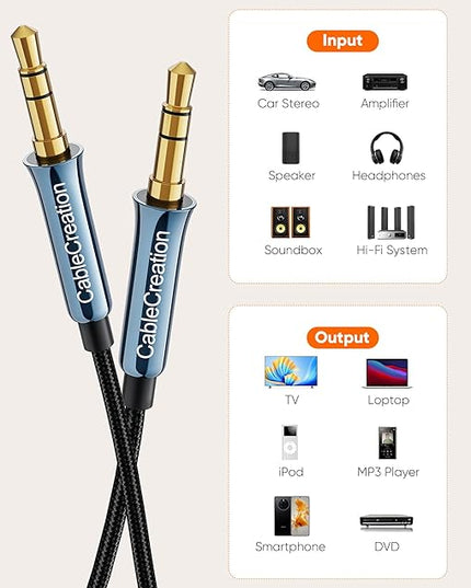 CableCreation 3.5mm Aux Cord 6FT/1.8m, 3.5mm Audio Cable Male to Male, Hi-Fi, 1/8 inch Braided Auxiliary Stereo Jack Cable for Headphone, Car Stereos, Phone, Speaker, Laptops, iPad, Bule