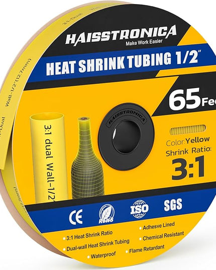 haisstronica 3:1 Heat Shrink Tubing, Shrink Ratio Adhesive Lined Marine Grade Heat Shrink Tube for Home, Automotive and Industrial (Yellow) 65FT 1/2inch
