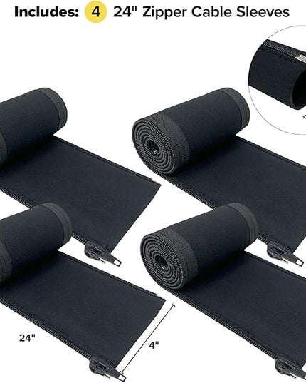 Zipper Cable Sleeve by Wrap-It Storage - 24" x 4" (4-Pack) Black - Cord Organizer and Cable Protector for Desk, Computer, TV Cord Management to Hide and Cover Wire and Extension Cables