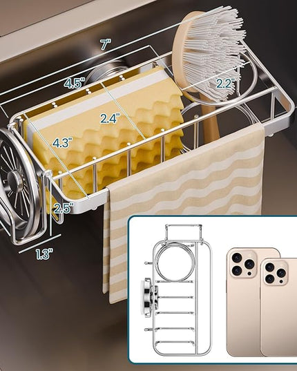 TAILI Sponge Holder with Strong Suction Cup, 4-in-1 Rustproof Sink Organizer - Sink Caddy Holds Sponges, Brushes, Stoppers & Scrapers -Silver