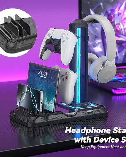 KDD Headset Stand with Charging Station - Detachable Controller Holder with 9 Light Modes - Rotatable Headphone Hanger with USB A&C Charger Ports - Earphone Hook for PC Gaming Accessories Storage