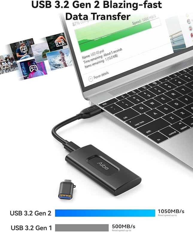 Aiibe 500GB External Solid State Drive USB C Portable SSD USB 3.2 Gen 2, Up to 1050MB/s, External SSD 500GB External Hard Drive for iPhone 15/Pro, Laptop, Mac and PS4 (Black)