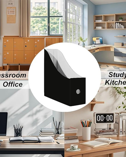 Limitliho 2 Pack Black Cardboard Magazine File Holder for Desktop, Book Bins for Classroom Library, Office or Home, Vertical Paper Boxes for Storage with Label(10.6" H x 10.2" L x 3.5" W in)