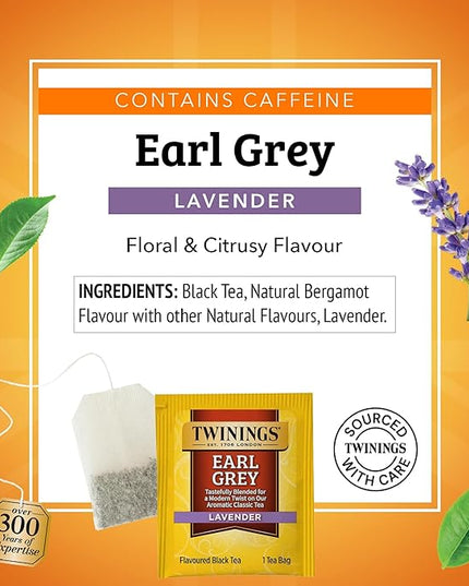 Twinings Earl Grey Lavender Black Tea Individually Wrapped Bags, 20 Count (Pack of 1), Citrus, Bergamot & Floral, Caffeinated, Enjoy Hot or Iced, 20 Teabags