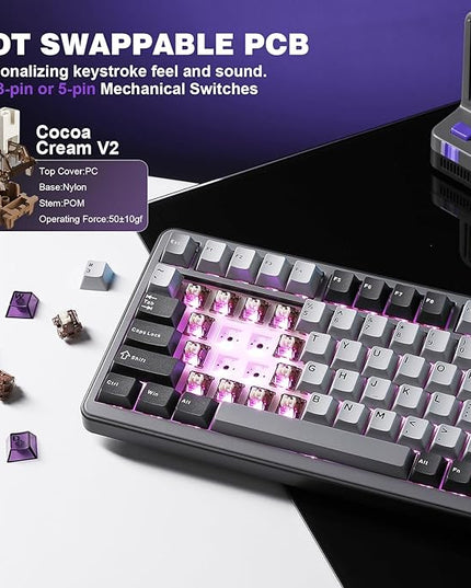 YUNZII B75 PRO Wireless Mechanical Keyboard,75% Layout with Knob,Hot Swap Gasket Custom Structure,Creamy Pre-lubed Switches,RGB Backlit,BT/Type-C/2.4G for Win/Mac(Cocoa Cream V2 Switch,Dark Grey)