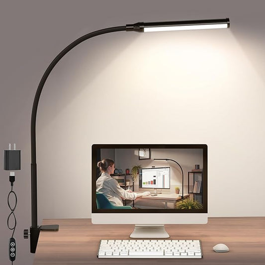 ShineTech LED Desk lamp with Clamp, 4000K Natural White 11 Brightness Level Eye-Caring Clip Lights for Home Office, Flexible USB Adapter, Black
